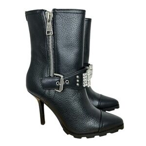 Karl Lagerfeld Mable Buckle Rhinestone Studded Leather Heel Bootie NEW MSRP $199